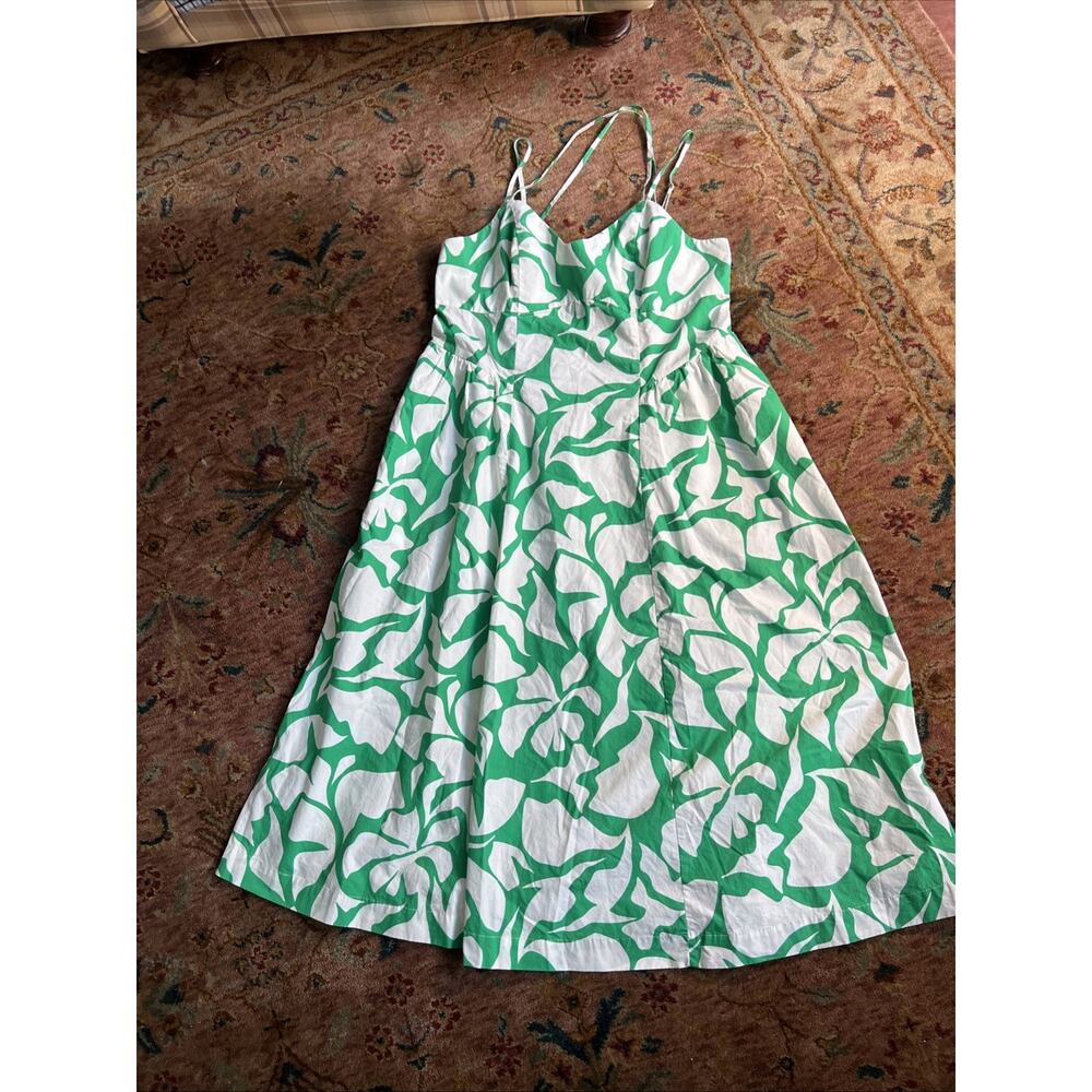 A New Day Vibrant Green & White Abstract Print Smocked Midi SunDress Resort L - Picture 2 of 7